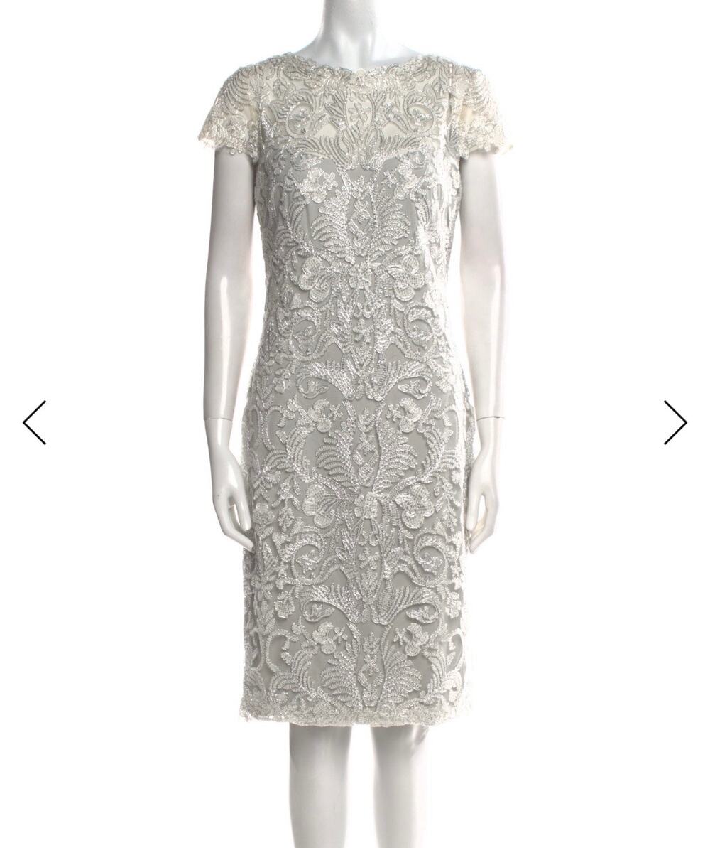 Tadashi Shoji Dress Lace Embroidery Metallic Mesh Sheath Evening Gown Cocktail